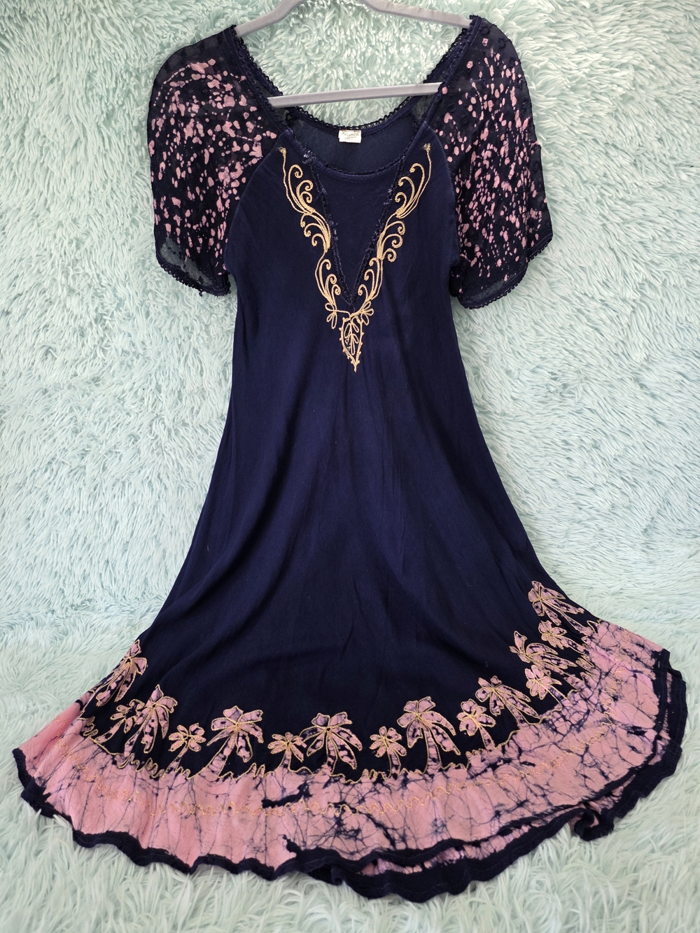 Highness Navy Blue Pink Tie Dye Hem Boho Maxi Dress Embroidered Neck OSFM